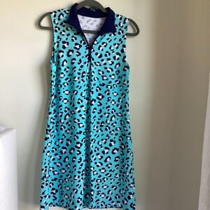 Melly M Aqua Leopard Print Sleeveless Polo Dress with Navy Collar